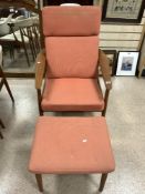 FRANCE & SON DENMARK, MID-CENTURY TEAK ADJUSTABLE ARMCHAIR AND MATCHING STOOL.