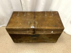 ANTIQUE PINE AND PONY SKIN BRASS STUD WORK TRUNK WITH IRON LOCK AND HANDLES, 80X40X46 CMS.