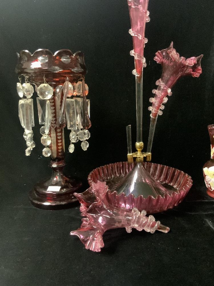 VICTORIAN CRANBERRY GLASS 3 BRANCH EPERGNE; 50 CMS [ 1 BRANCH BROKEN ], A CRANBERRY JUG AND VASE AND