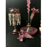 VICTORIAN CRANBERRY GLASS 3 BRANCH EPERGNE; 50 CMS [ 1 BRANCH BROKEN ], A CRANBERRY JUG AND VASE AND