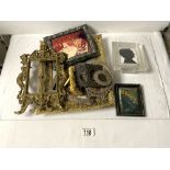 ORNATE EMBOSSED BRASS EASEL PHOTO FRAME, 18X28 CMS AND QUANTITY OF OTHER PHOTO FRAMES.