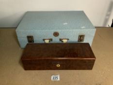 VINTAGE BREXTON PICNIC SET IN FITTED CASE AND A WALNUT WATCH BOX.