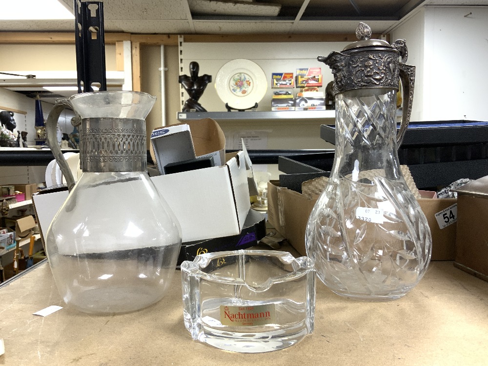 CUT GLASS CLARET JUG WITH EMBOSSED PLATED COLLAR, ANOTHER CLARET JUG AND GLASS ASHTRAY. - Image 2 of 3