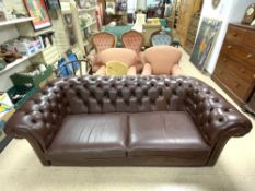 LARGE THREE SEATER CHESTERFIELD IN BROWN LEATHER 225CM