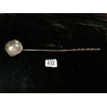 EARLY WHITE METAL TODDY LADLE WITH A TWISTED BALEEN HANDLE AND GEORGE 111 COIN; 35CM