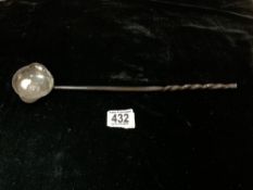 EARLY WHITE METAL TODDY LADLE WITH A TWISTED BALEEN HANDLE AND GEORGE 111 COIN; 35CM