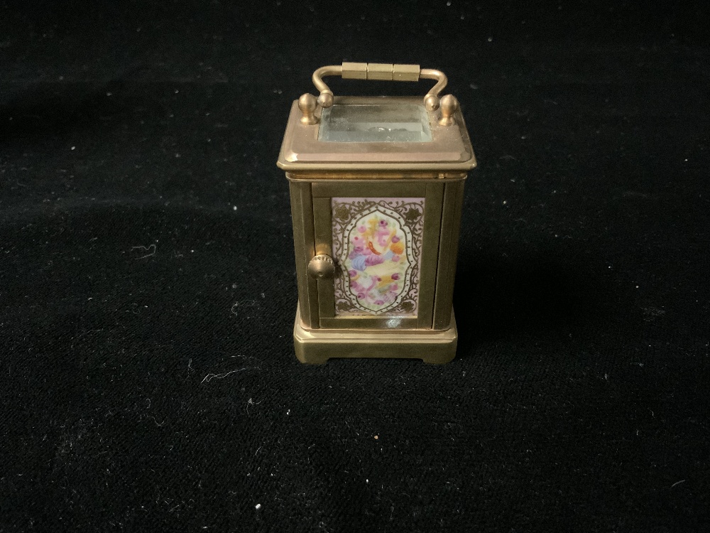 MINIATURE FRENCH CLOCK WITH HAND PAINTED ENAMEL IN BRASS CASING; 8CM - Image 4 of 5