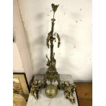 ORNATE BRASS TABLE LAMP WITH ELEPHANT AND BIRD SUPPORTS, 62 CMS, AND METAL GLOBE, AND PAIR GILT