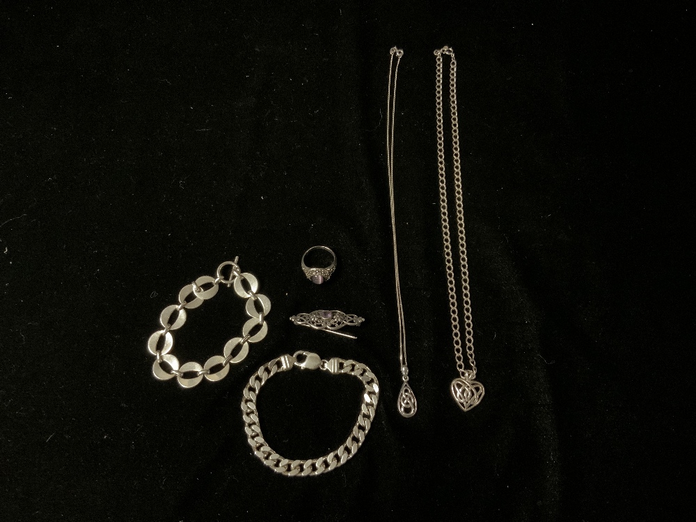 TWO HALLMARKED SILVER BRACELETS, 2 SILVER NECKLACES AND PENDANTS, SILVER BROOCH AND UNMARKED - Image 3 of 5
