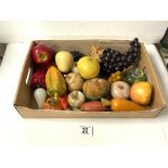 A QUANTITY OF GLASS AND WOOD FAUX FRUIT AND VEG.