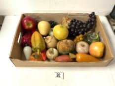 A QUANTITY OF GLASS AND WOOD FAUX FRUIT AND VEG.