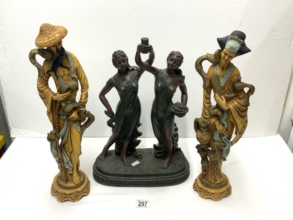 A PAIR OF JAPANESE RESIN FIGURES; 48 CMS AND A RESIN GROUP OF CLASSICAL FIGURES.