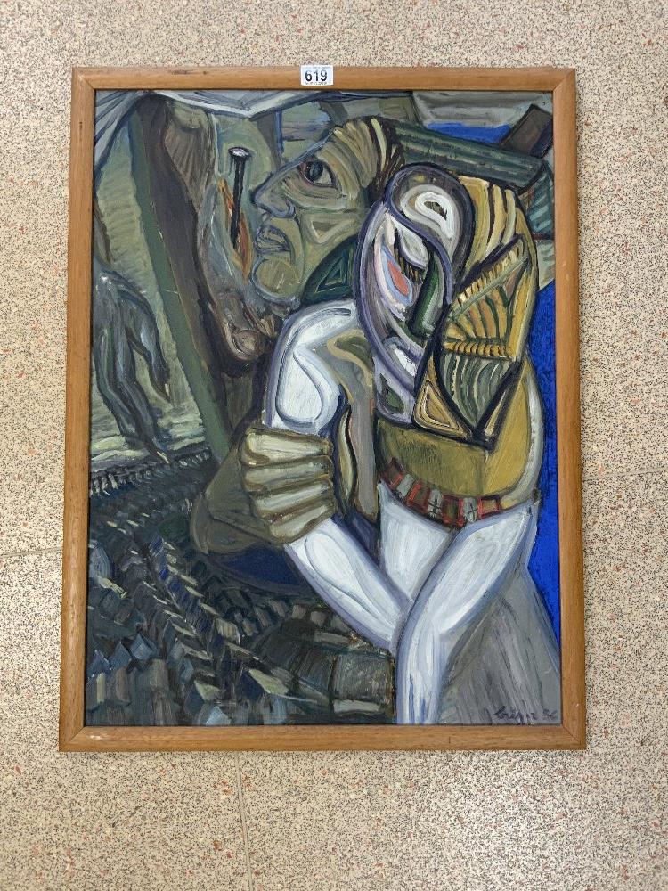 ABSTRACT OIL OF 2 FIGURES INDISTINCTLY SIGNED, DATED 1956; 54X75 CMS.