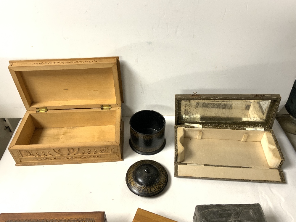 CARVED ORIENTAL SANDLEWOOD BOX, OTHER MIXED WOODEN BOXES AND TWO PEWTER MOUNTED CIGARETTE BOXES. - Image 6 of 6