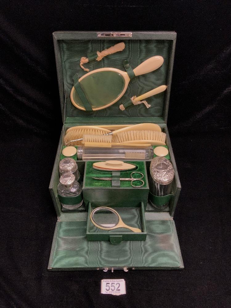 A 1938 TOILET/GROOMING BOX EXTENSIVELY FITTED WITH 4 SILVER TOP BOTTLES - BIRMINGHAM 1938, AND