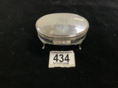 HALLMARKED SILVER OVAL JEWELLERY CASKET ON FEET; 9CM MARKS RUBBED; TOTAL WEIGHT 99 GRAMS