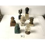 MINIATURE BRONZE HEAD ON MARBLE BASE, 19 CMS, GLASS BUST OF SCHILLER, METAL BUST OF A SAILOR AND 4