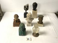 MINIATURE BRONZE HEAD ON MARBLE BASE, 19 CMS, GLASS BUST OF SCHILLER, METAL BUST OF A SAILOR AND 4