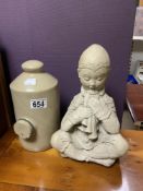 STONE FIGURE OF ORIENTAL CHILD, 26 CMS, AND A STONEWARE HOT WATER BOTTLE.