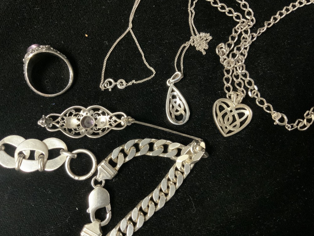 TWO HALLMARKED SILVER BRACELETS, 2 SILVER NECKLACES AND PENDANTS, SILVER BROOCH AND UNMARKED - Image 4 of 5