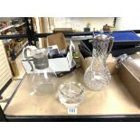 CUT GLASS CLARET JUG WITH EMBOSSED PLATED COLLAR, ANOTHER CLARET JUG AND GLASS ASHTRAY.