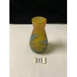 SMALL ART GLASS VASE MARKED GALLE YELLOW BLUE AND GREEN; 13.5CM