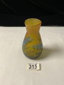 SMALL ART GLASS VASE MARKED GALLE YELLOW BLUE AND GREEN; 13.5CM