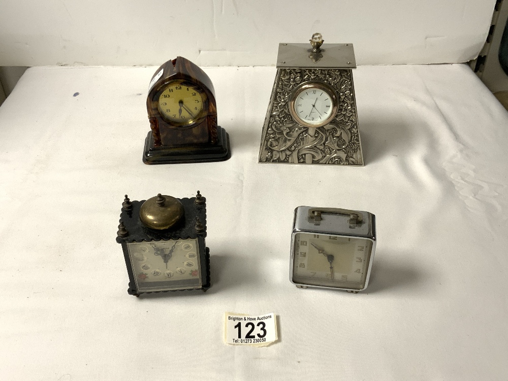 ART NOUVEAU STYLE SILVER-PLATED DESK CLOCK WITH QUARTZ MOVEMENT AND 3 BEDSIDE CLOCKS.