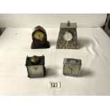 ART NOUVEAU STYLE SILVER-PLATED DESK CLOCK WITH QUARTZ MOVEMENT AND 3 BEDSIDE CLOCKS.