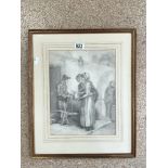 19TH-CENTURY ENGLISH SCHOOL PENCIL AND WASH DRAWING, FIGURES IN A DOORWAY ' KNIFE GRINDER ', 34X26