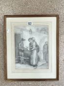 19TH-CENTURY ENGLISH SCHOOL PENCIL AND WASH DRAWING, FIGURES IN A DOORWAY ' KNIFE GRINDER ', 34X26