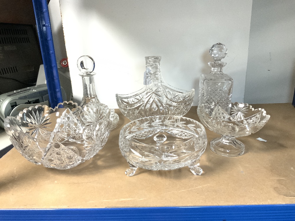 TWO CUT GLASS DECANTERS, CUT GLASS BASKET AND 3 CUT GLASS BOWLS. - Image 2 of 3