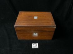 ROSEWOOD JEWELLERY BOX WITH MOTHER OF PEARL INLAY AND BLUE VELVET INTERIOR; 25CM