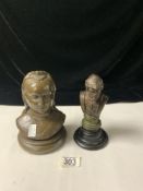 SMALL BRONZE BUST OF EASTERN SOLDIER; 19CM WITH A RESIN BUST OF QUEEN VICTORIA; 19CM
