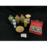 TWO CHINESE GLASS SNUFF BOTTLES, 2 CLOISONNE BALLS IN BOX AND 4 SMALL MODERN CHINESE VASES AND