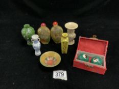 TWO CHINESE GLASS SNUFF BOTTLES, 2 CLOISONNE BALLS IN BOX AND 4 SMALL MODERN CHINESE VASES AND