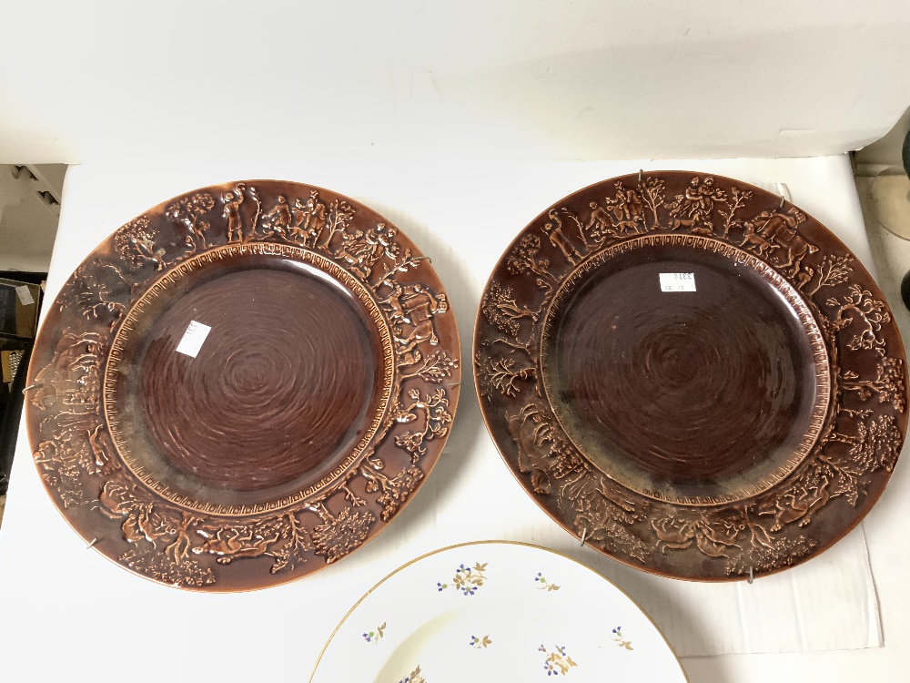 A PAIR OF BROWN GLAZED T G GREEN PLATES WITH EMBOSSED HUNTING SCENE BORDERS, 31 CMS, AND A DERBY - Image 2 of 6