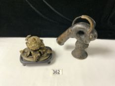 TWO ANTIQUE BRONZE PIECES ONE INKWELL LARGEST; 18.5CM