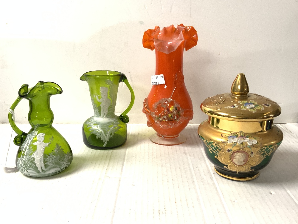 TWO GREEN MARY GREGORY GLASS JUGS, 12 CMS, BOHEMIAN GLASS LIDDED JAR AND ORANGE GLASS POSY VASE. - Image 3 of 4