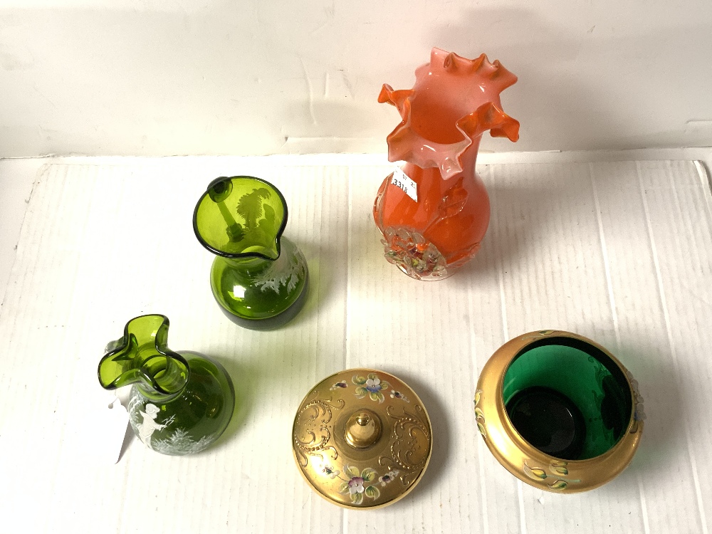 TWO GREEN MARY GREGORY GLASS JUGS, 12 CMS, BOHEMIAN GLASS LIDDED JAR AND ORANGE GLASS POSY VASE. - Image 2 of 4