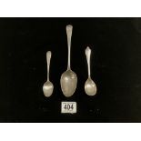 THREE HALLMARKED SILVER SPOONS; 103 GRAMS