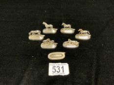 A SET OF 6 CONTINENTAL HALLMARKED SILVER MODELS OF HORSES ON OVAL PLINTHS; 4.5 CMS.