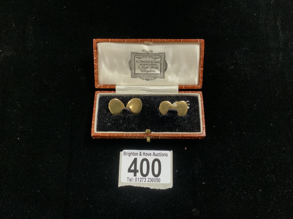 PAIR OF 375 GOLD CUFFLINKS IN LEATHER BOX A/F; 8.34 GRAMS