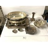 ELKINGTON PLATE 2 HANDLE DRINKS TRAY, PAIR PLATED ENTRE DISHES AND OTHER PLATED WARES.