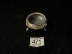 VICTORIAN HALLMARKED SILVER EMBOSSED CIRCULAR SALT ON HOOF FEET DATED 1867 BY ALEXANDER MACRAE; 7CM;