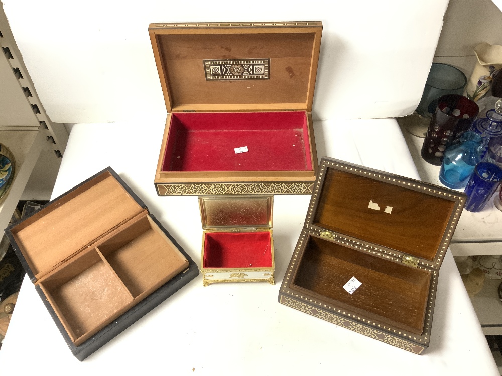 TWO MORROCON INLAID BOXES, SMALL GILT METAL MOUNTED BOX AND ANOTHER. - Image 3 of 3