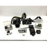 NIKON F-301 CAMERA, NIKON D40 CAMERA AND OLYMPUS C60 ZOOM CAMERA, A FLASH ETC.