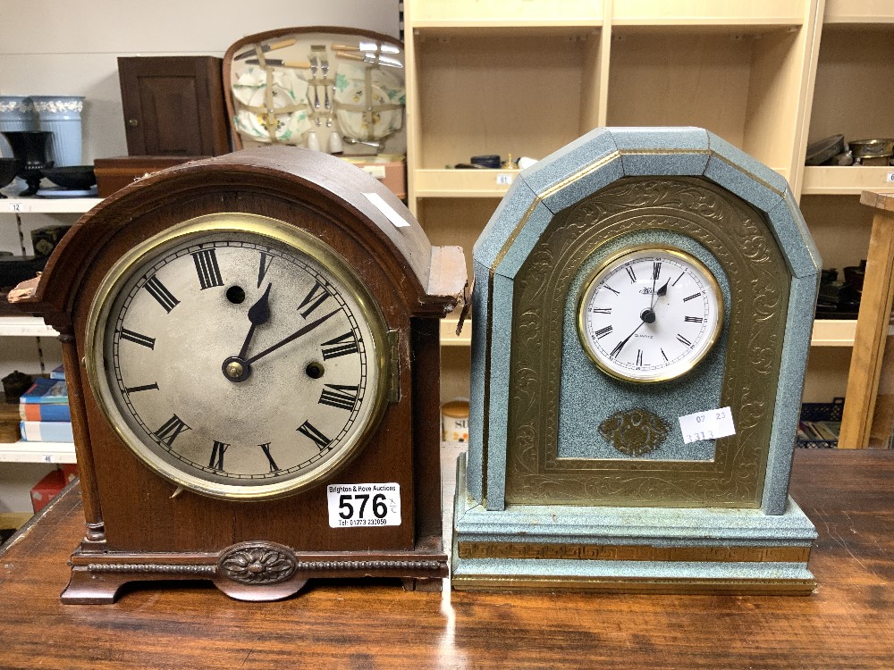 A DOME TOP MAHOGANY MANTLE CLOCK AND A MODERN FRENCH STYLE QUARTZ MANTLE CLOCK.