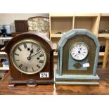 A DOME TOP MAHOGANY MANTLE CLOCK AND A MODERN FRENCH STYLE QUARTZ MANTLE CLOCK.