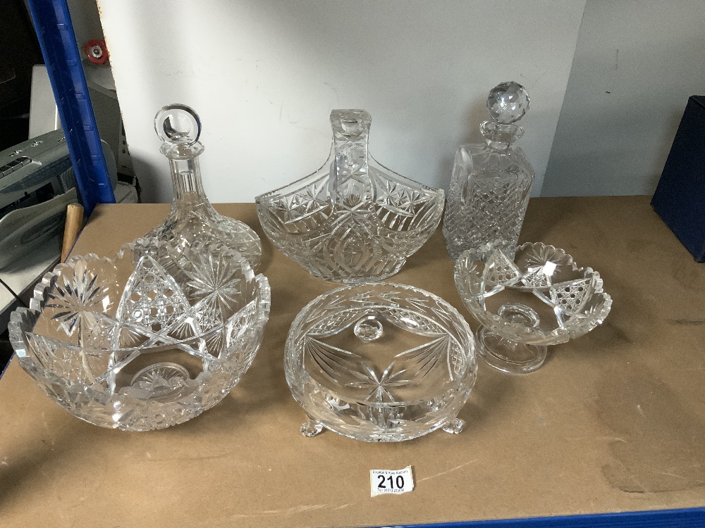 TWO CUT GLASS DECANTERS, CUT GLASS BASKET AND 3 CUT GLASS BOWLS.